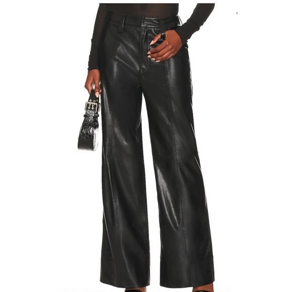 7 For All Mankind Pants Women Large‎ Black Vegan Leather Easy Trouser Preppy - Picture 1 of 10
